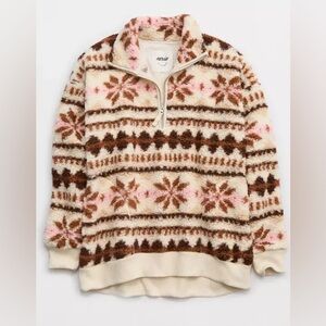 NWT Aerie Cream and Brown Patterned Fleece Pullover
